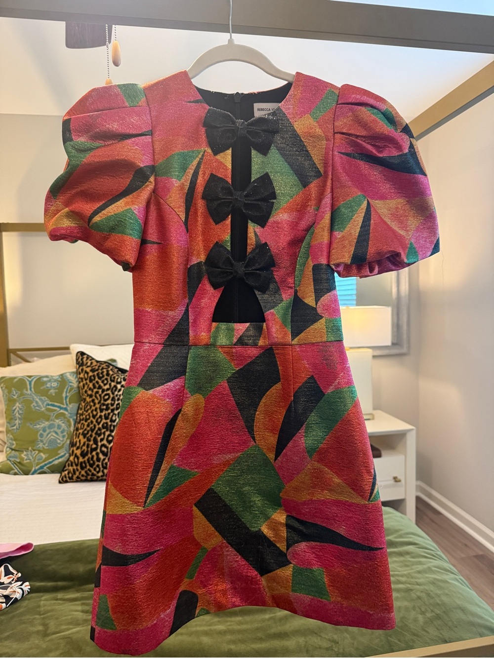 Rebecca Vallance Pink, Green & Orange Abstract Bow-Front Mini Dress - Picture 4 of 7